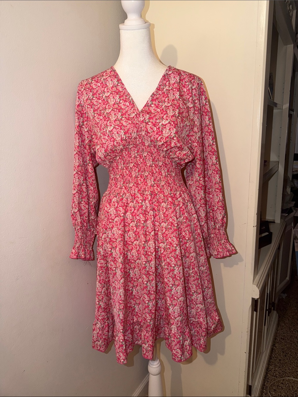 Pink Floral Long-Sleeve Smocked Waist Dress